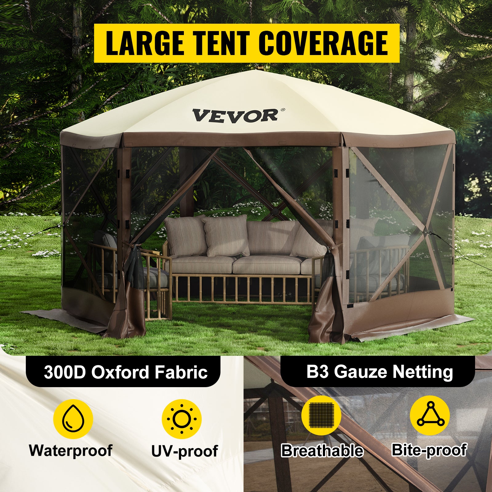 SucceBuy Pop-Up Camping Gazebo | 6-Sided Instant Canopy Shelter 12x12 / 10x10 Sun Shade Tent