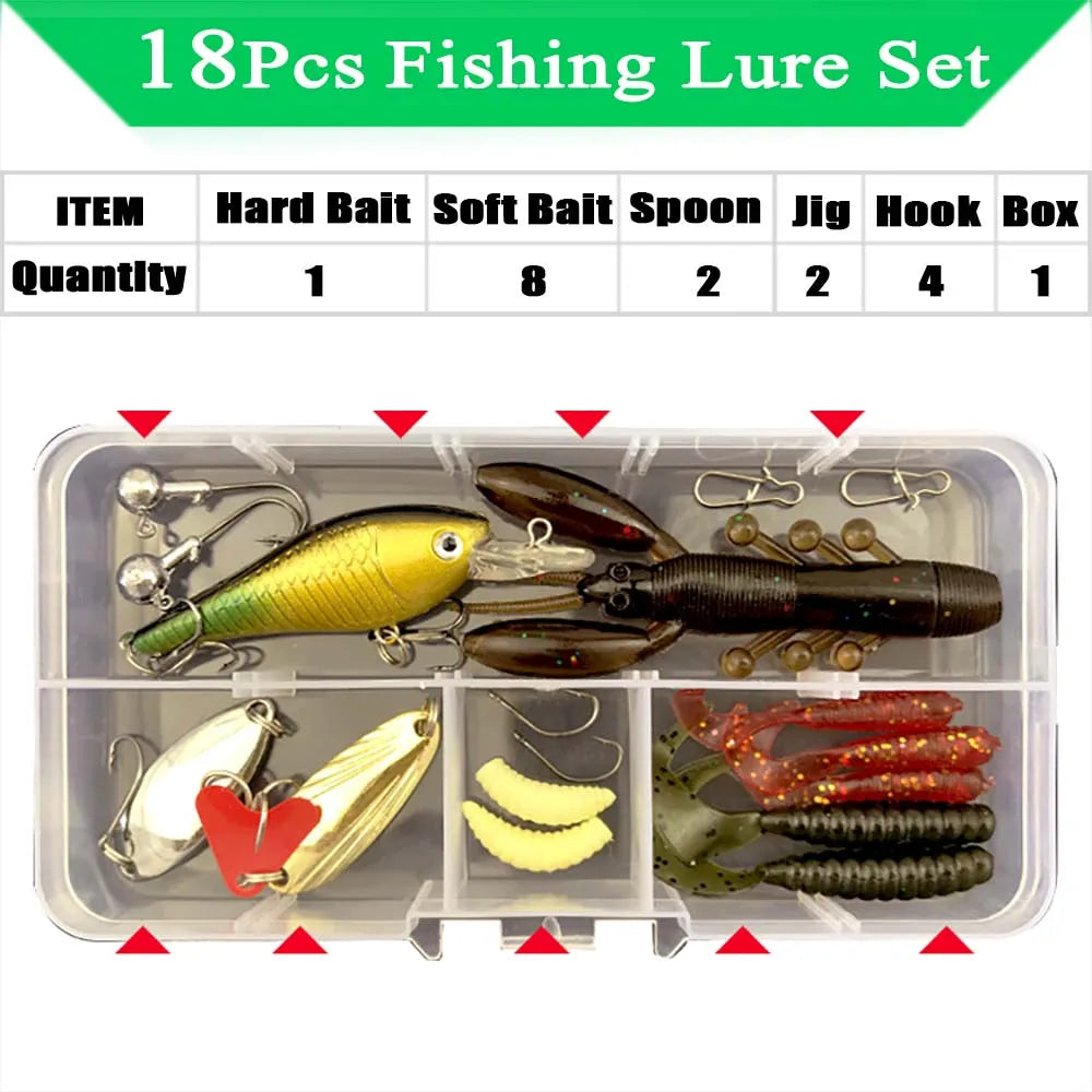 Fishing Lure Kit with Box | Soft & Hard Baits, Minnow, Crank, Metal Jig & Spoon Set for Bass & Pike