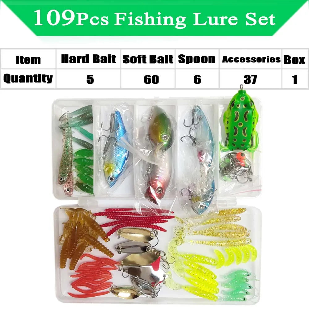 Fishing Lure Kit with Box | Soft & Hard Baits, Minnow, Crank, Metal Jig & Spoon Set for Bass & Pike