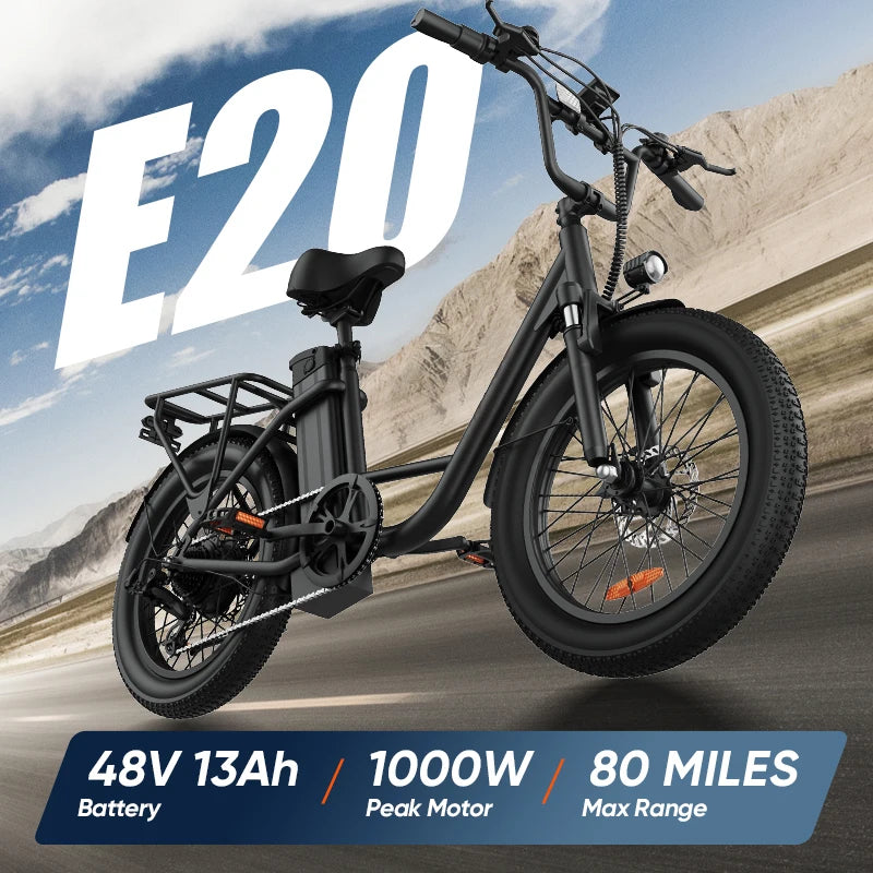 1000W E20 Electric Bike 48V 13Ah Battery 20" Fat Tire 7-Speed Dual Disc Brake
