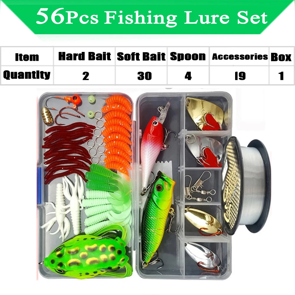 Fishing Lure Kit with Box | Soft & Hard Baits, Minnow, Crank, Metal Jig & Spoon Set for Bass & Pike