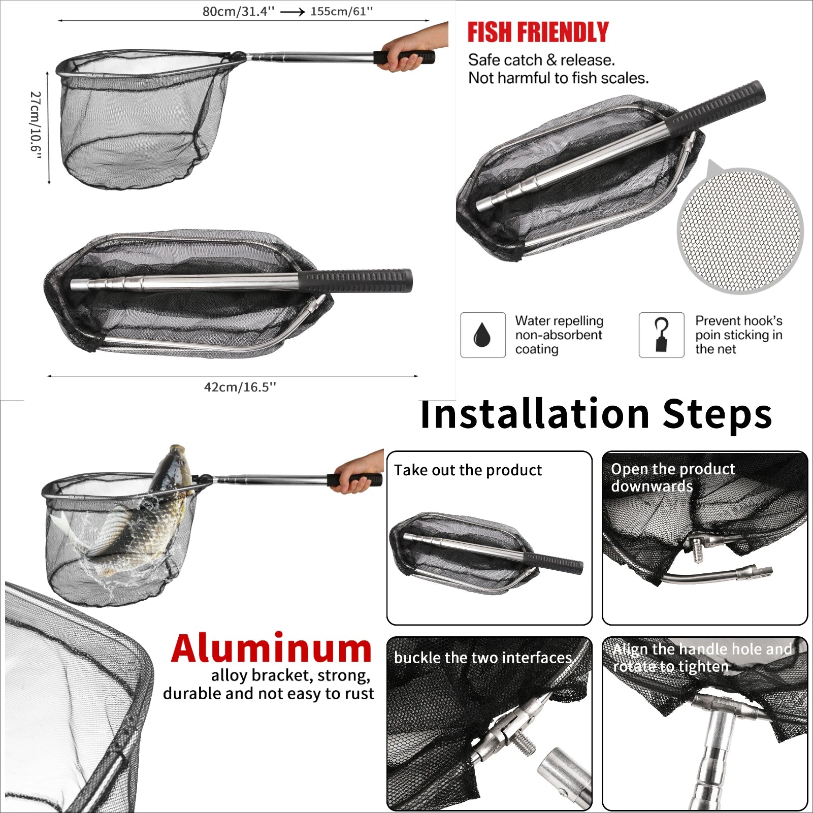 Telescopic Aluminum Fishing Landing Net | Durable Folding Mesh Net for Safe Catch & Release (55cm / 130cm / 190cm)