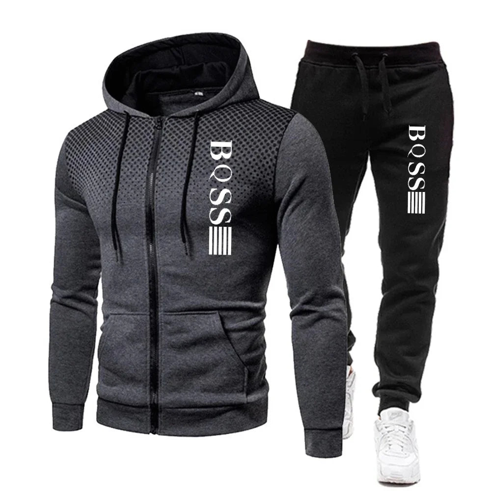 Fashion Print Tracksuit for Men | Zipper Hooded Sweatshirt & Sweatpants 2-Piece Casual Fitness Jogging Set