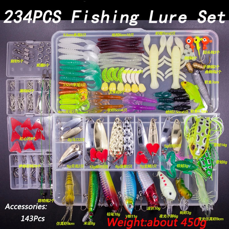 Fishing Lure Kit with Box | Soft & Hard Baits, Minnow, Crank, Metal Jig & Spoon Set for Bass & Pike