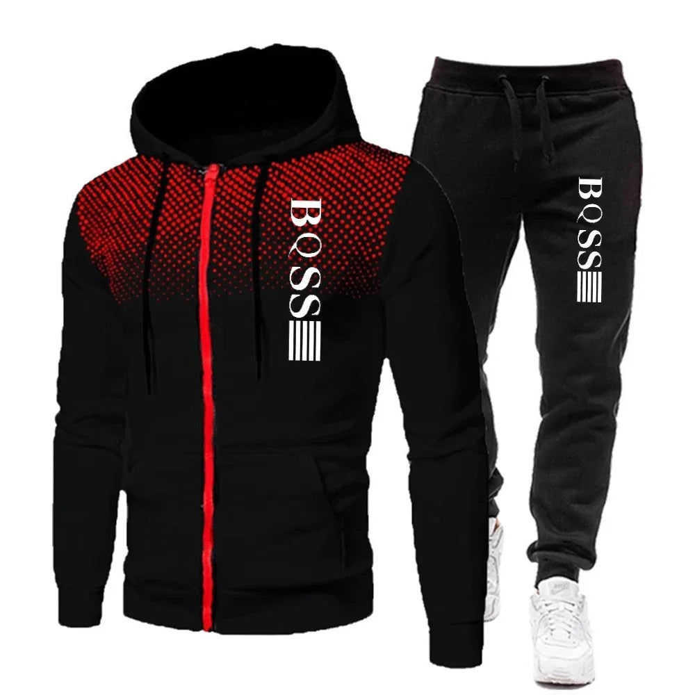 Fashion Print Tracksuit for Men | Zipper Hooded Sweatshirt & Sweatpants 2-Piece Casual Fitness Jogging Set
