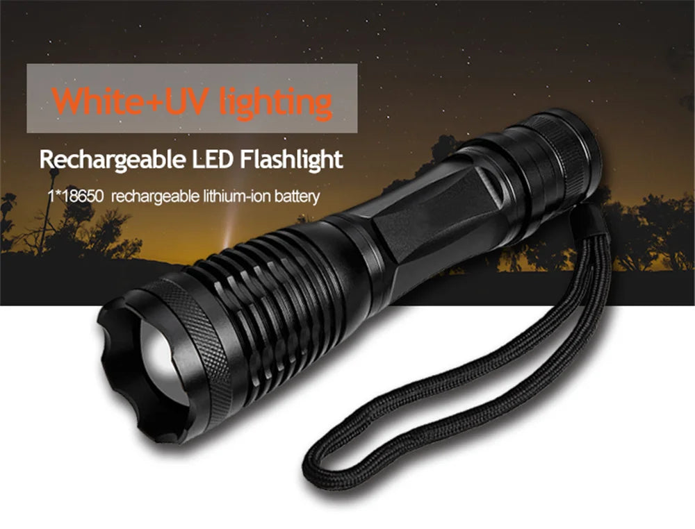 2-in-1 UV Flashlight | Rechargeable Zoomable LED Blacklight Torch for Pet Urine & Stain Detection