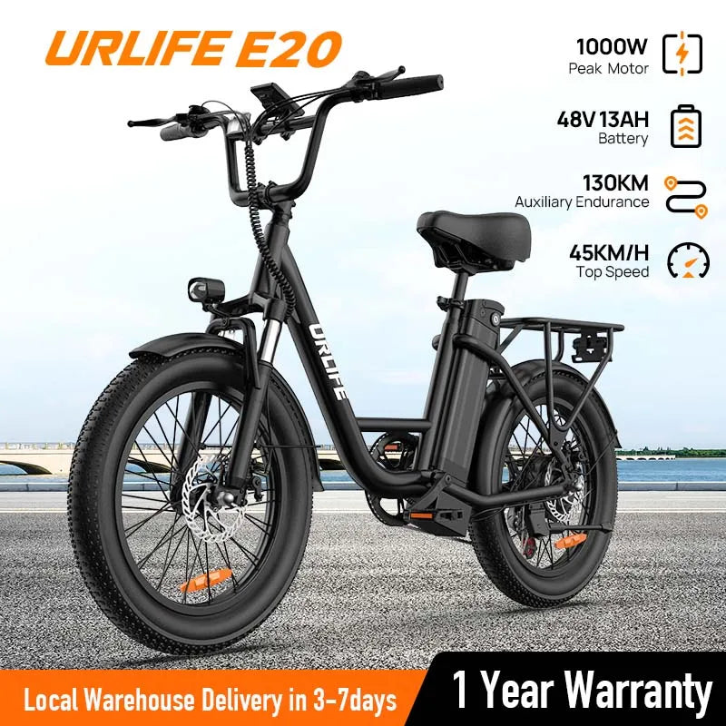 1000W E20 Electric Bike 48V 13Ah Battery 20" Fat Tire 7-Speed Dual Disc Brake