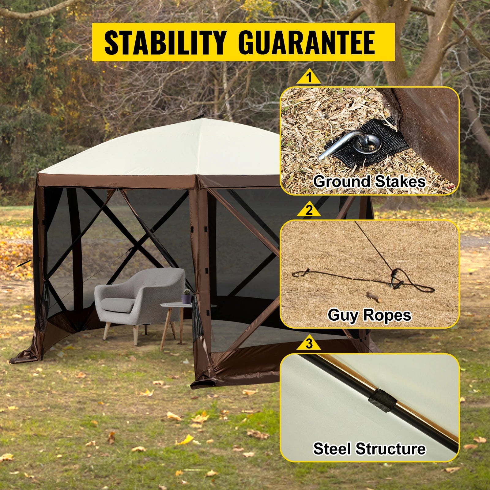 SucceBuy Pop-Up Camping Gazebo | 6-Sided Instant Canopy Shelter 12x12 / 10x10 Sun Shade Tent