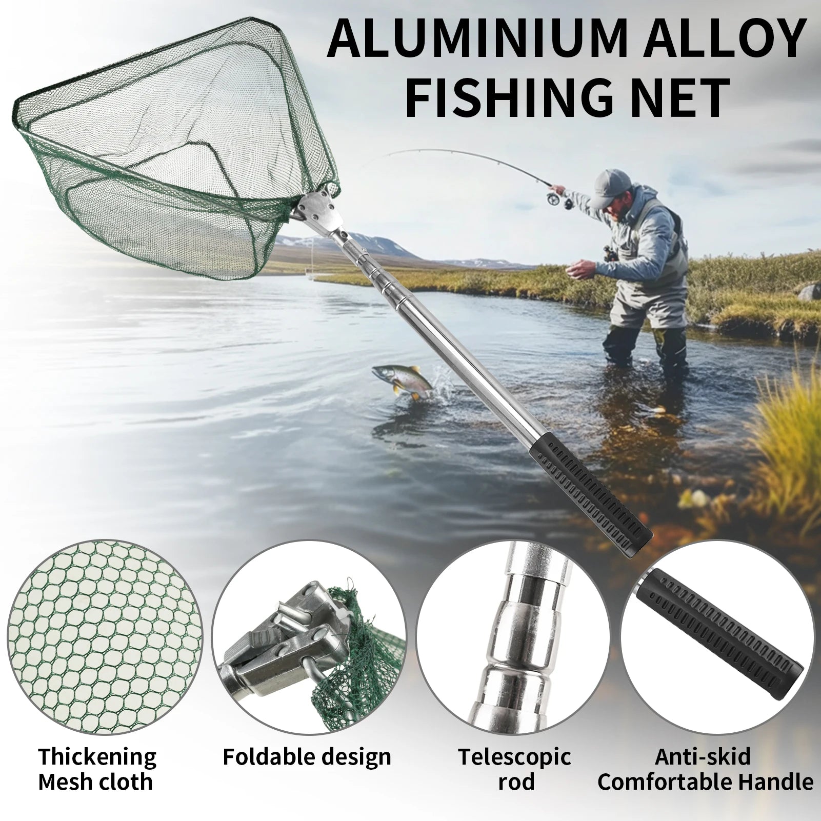 Telescopic Aluminum Fishing Landing Net | Durable Folding Mesh Net for Safe Catch & Release (55cm / 130cm / 190cm)