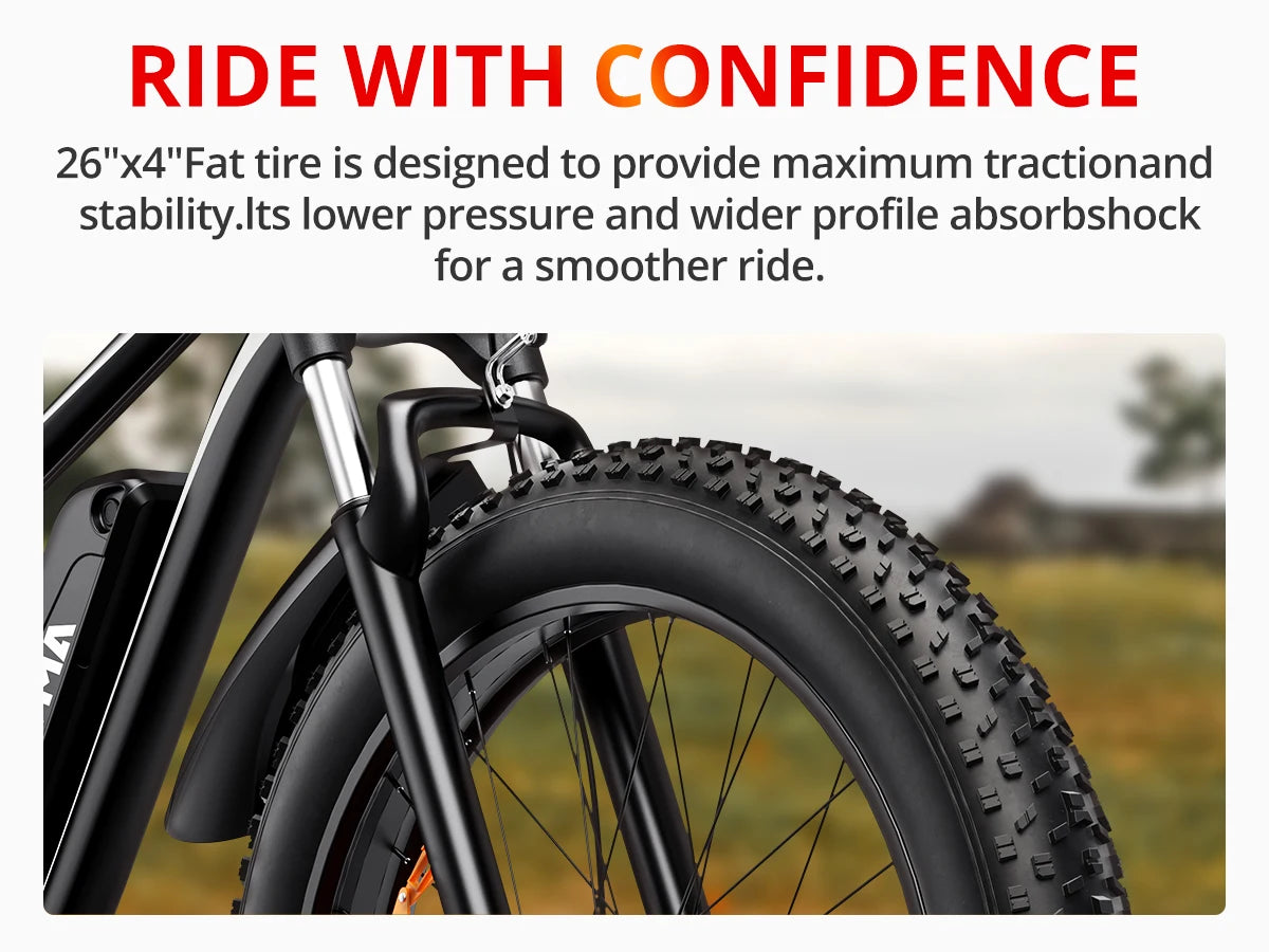AMYET EB26 Electric Bike | 1500W Peak Motor, 48V 15Ah Battery, 26" Fat Tire Mountain E-Bike for Adults