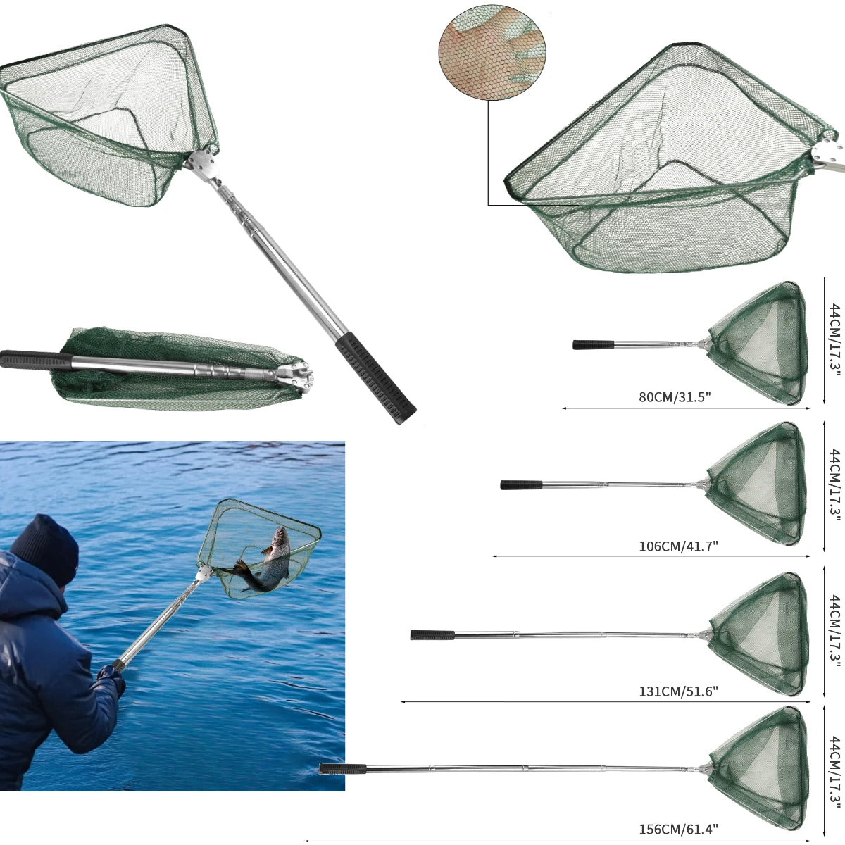 Telescopic Aluminum Fishing Landing Net | Durable Folding Mesh Net for Safe Catch & Release (55cm / 130cm / 190cm)