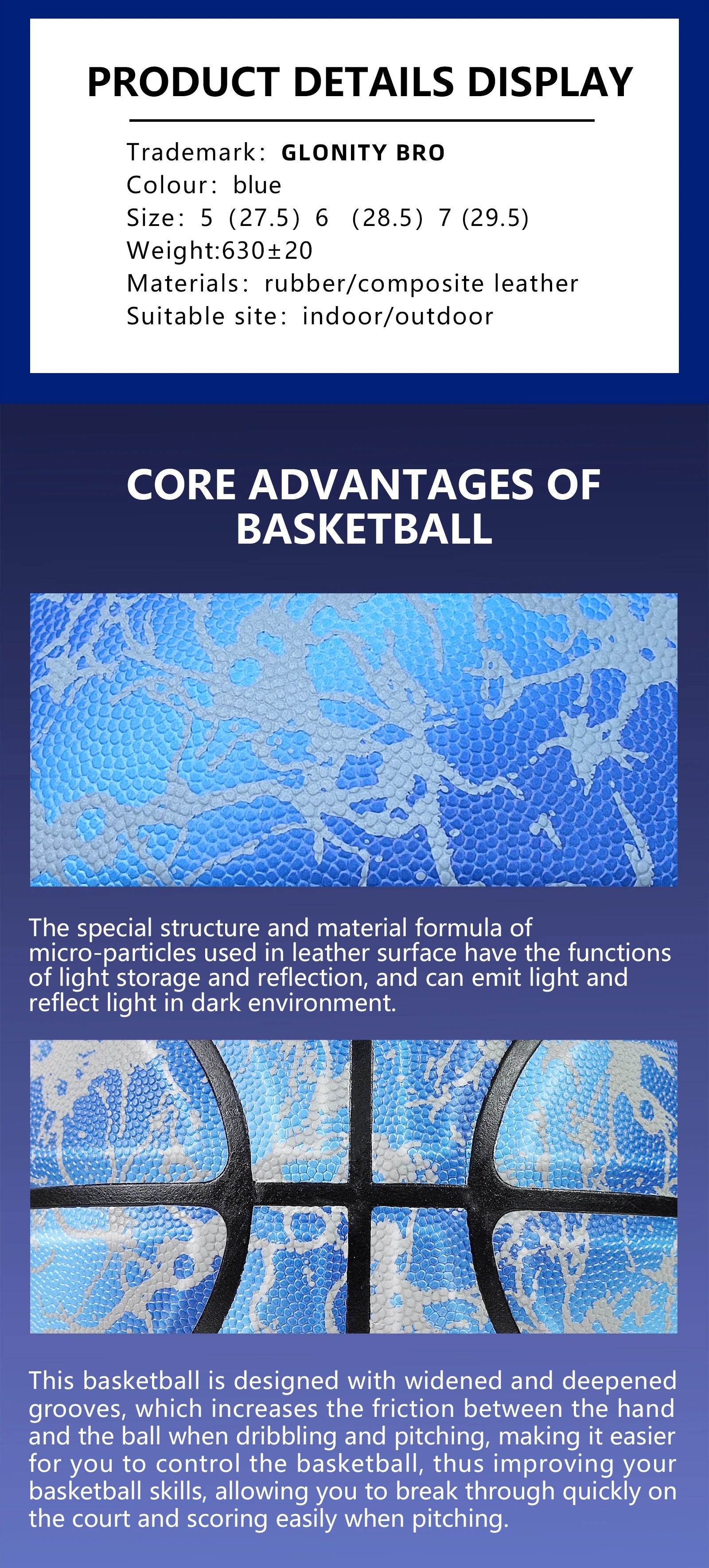Luminous Night Basketball | Size 5/6/7 Glow in the Dark Composite Leather Ball for Indoor & Outdoor Play