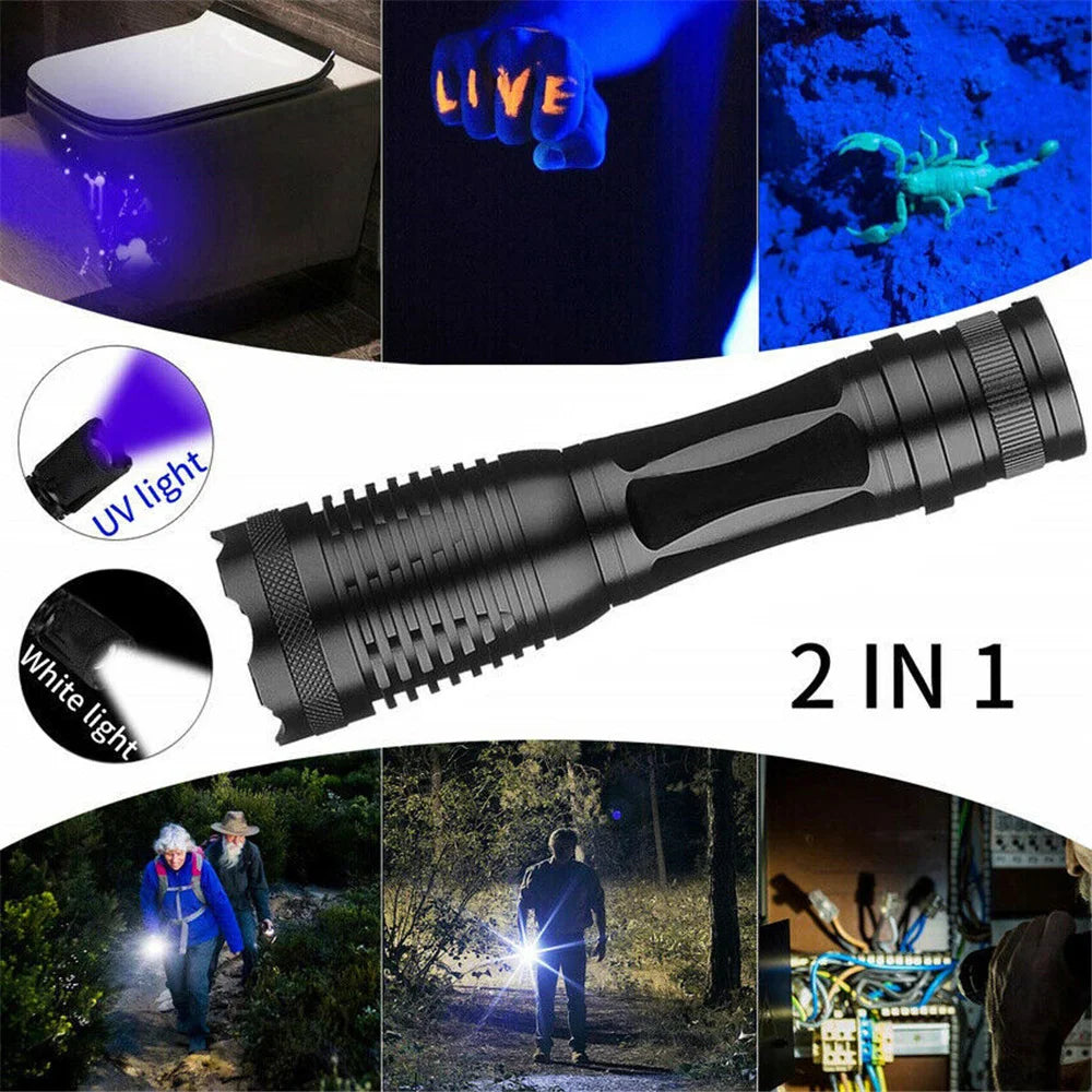2-in-1 UV Flashlight | Rechargeable Zoomable LED Blacklight Torch for Pet Urine & Stain Detection