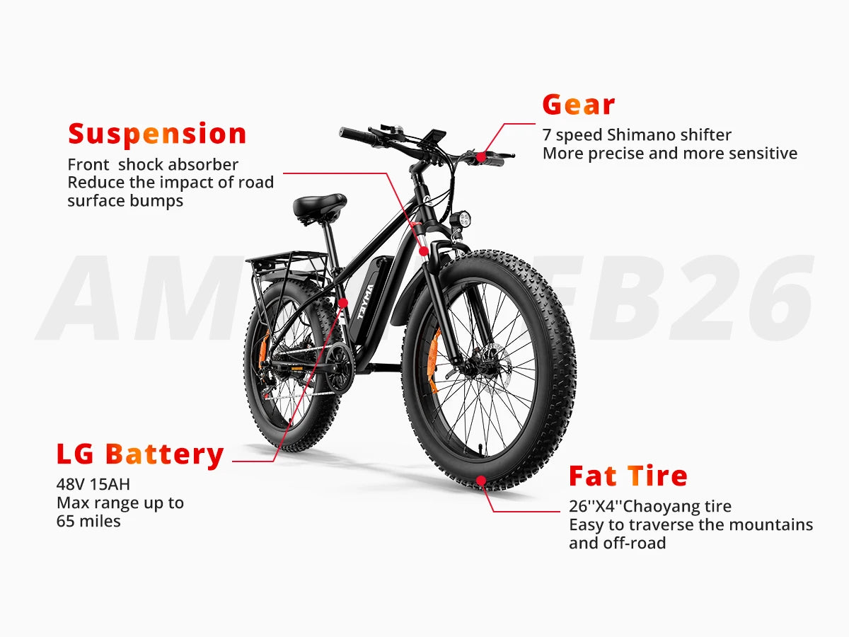 AMYET EB26 Electric Bike 1500W Peak 48V 15Ah 26" Fat Tire Mountain E-Bike for Adults