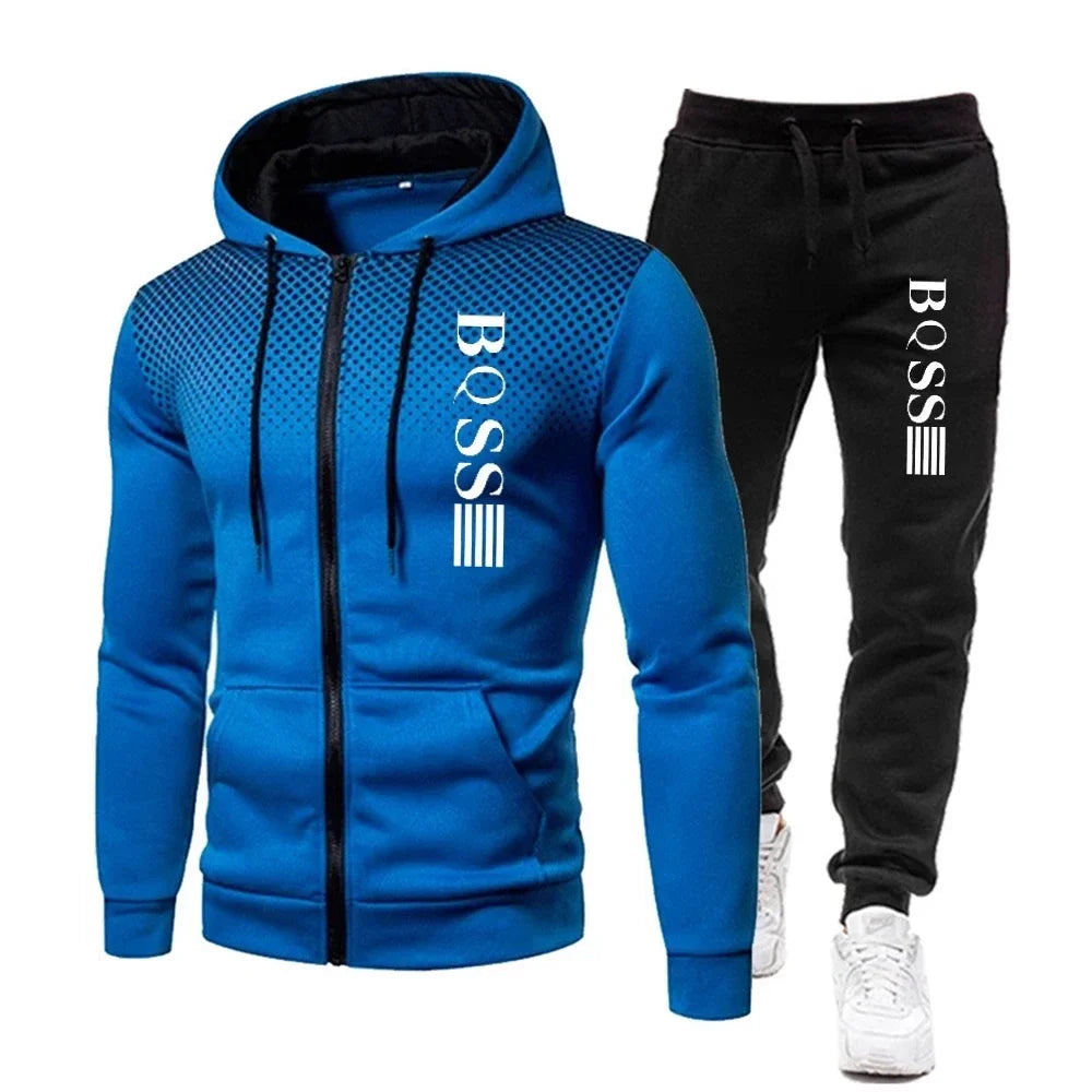 Fashion Print Tracksuit for Men | Zipper Hooded Sweatshirt & Sweatpants 2-Piece Casual Fitness Jogging Set