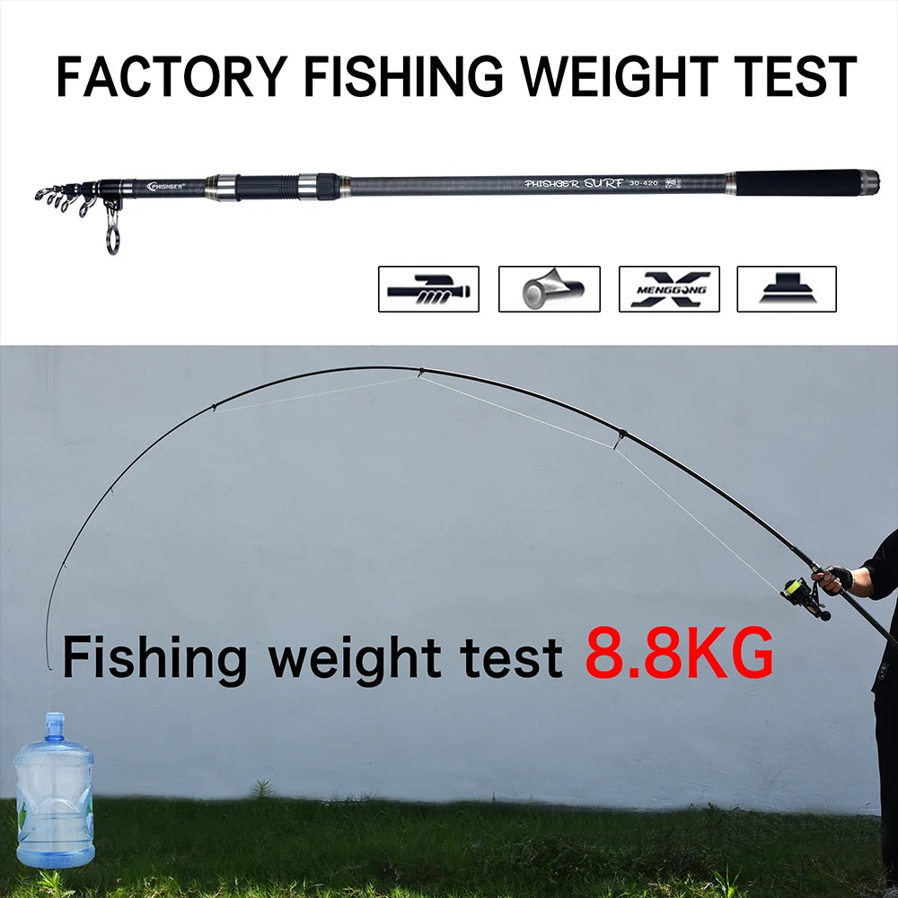 PHISHGER Telescopic Surf Spinning Rod Carbon Fiber Travel Surfcasting Fishing Pole
