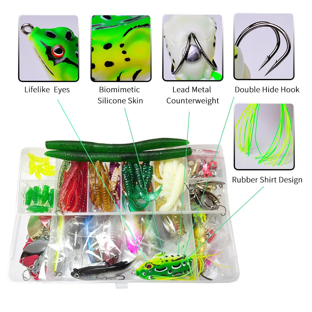 Fishing Lure Kit with Box | Soft & Hard Baits, Minnow, Crank, Metal Jig & Spoon Set for Bass & Pike