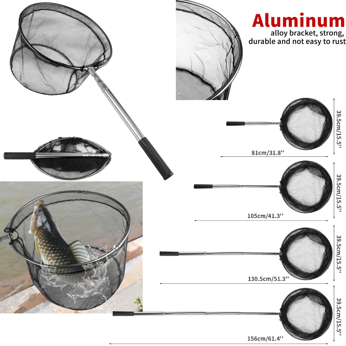 Telescopic Aluminum Fishing Landing Net | Durable Folding Mesh Net for Safe Catch & Release (55cm / 130cm / 190cm)