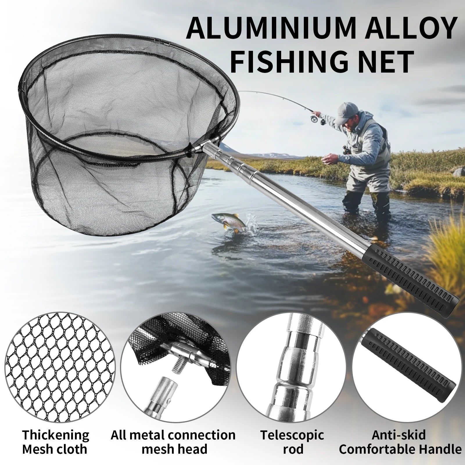 Telescopic Aluminum Fishing Landing Net | Durable Folding Mesh Net for Safe Catch & Release (55cm / 130cm / 190cm)