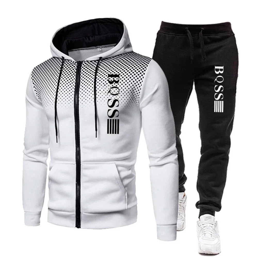 Fashion Print Tracksuit for Men | Zipper Hooded Sweatshirt & Sweatpants 2-Piece Casual Fitness Jogging Set