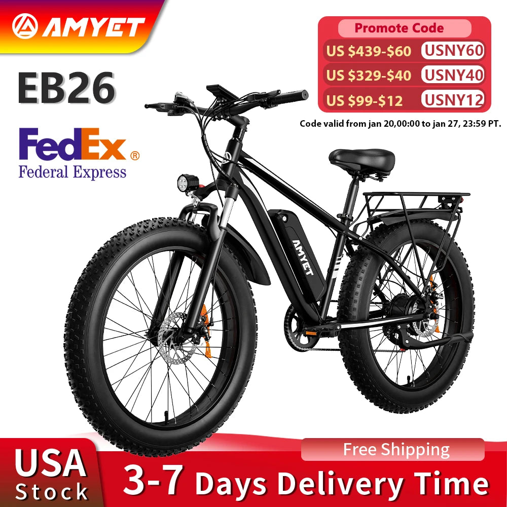 AMYET EB26 Electric Bike 1500W Peak 48V 15Ah 26" Fat Tire Mountain E-Bike for Adults