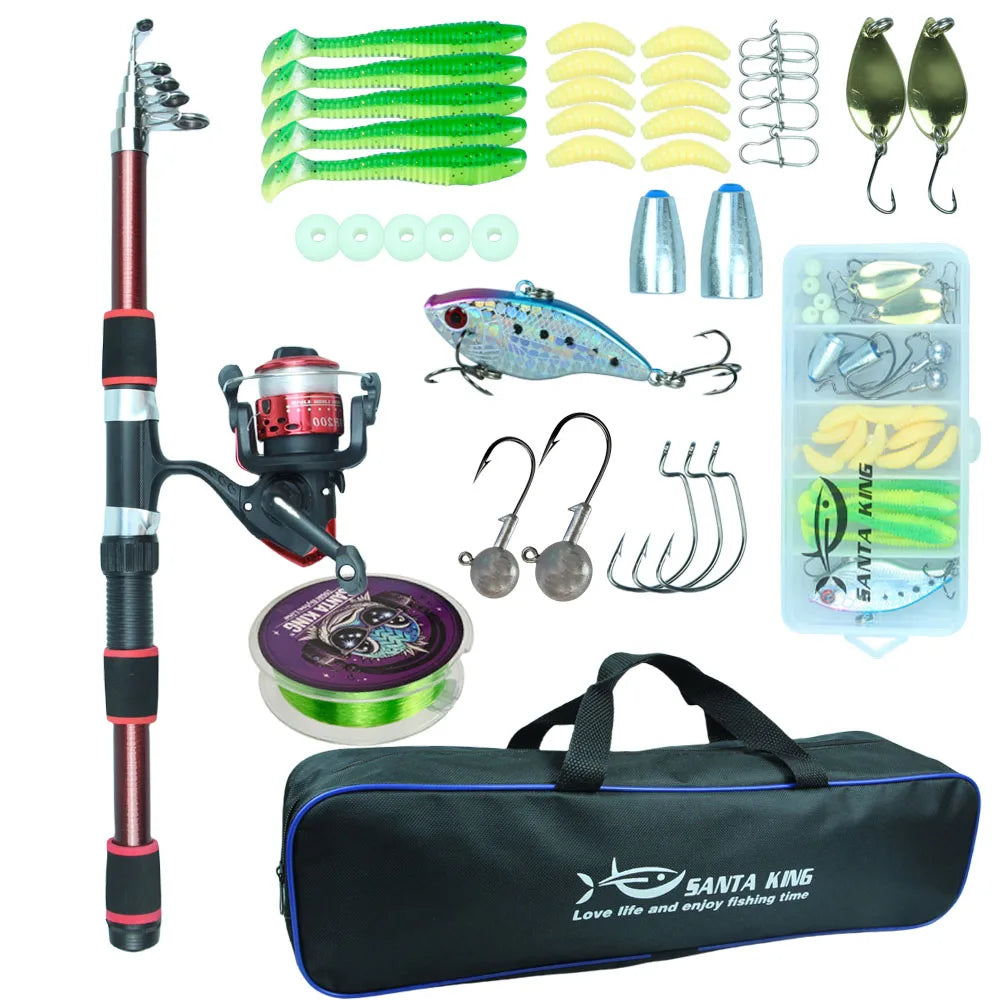 Santa King Fishing Rod Reel Combo Kit | Telescopic Travel Fishing Pole with Spinning Reel, Baits & Hooks