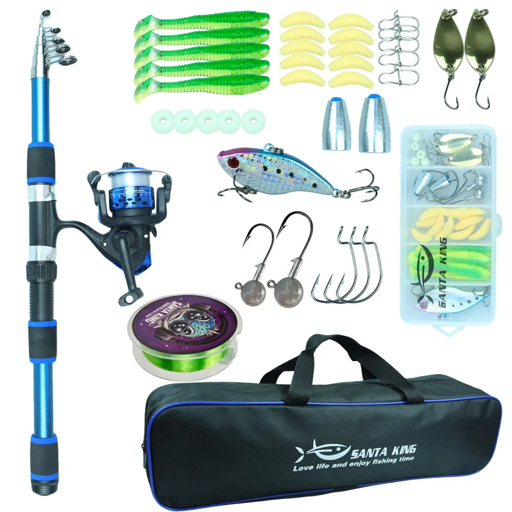 Santa King Fishing Rod Reel Combo Kit | Telescopic Travel Fishing Pole with Spinning Reel, Baits & Hooks