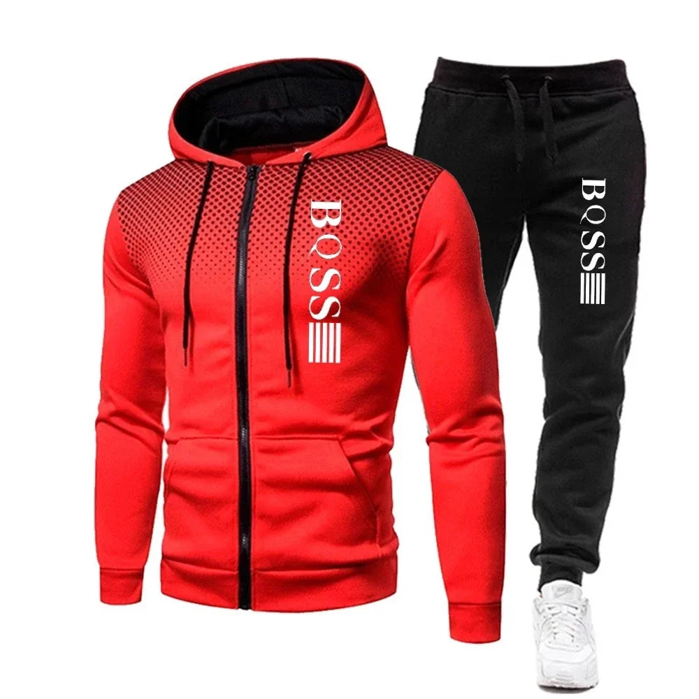 Fashion Print Tracksuit for Men | Zipper Hooded Sweatshirt & Sweatpants 2-Piece Casual Fitness Jogging Set