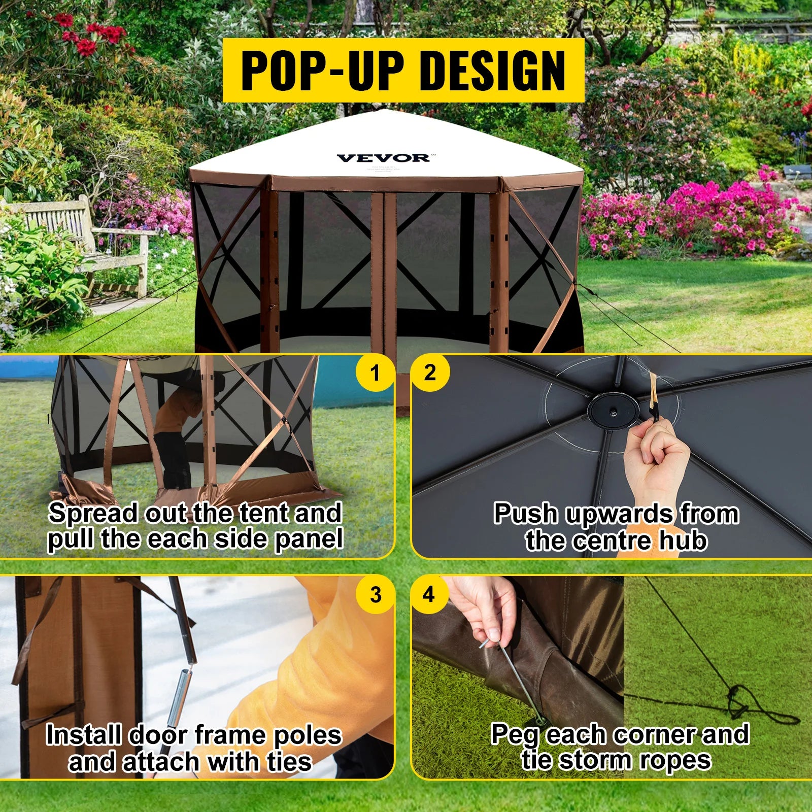 SucceBuy Pop-Up Camping Gazebo | 6-Sided Instant Canopy Shelter 12x12 / 10x10 Sun Shade Tent