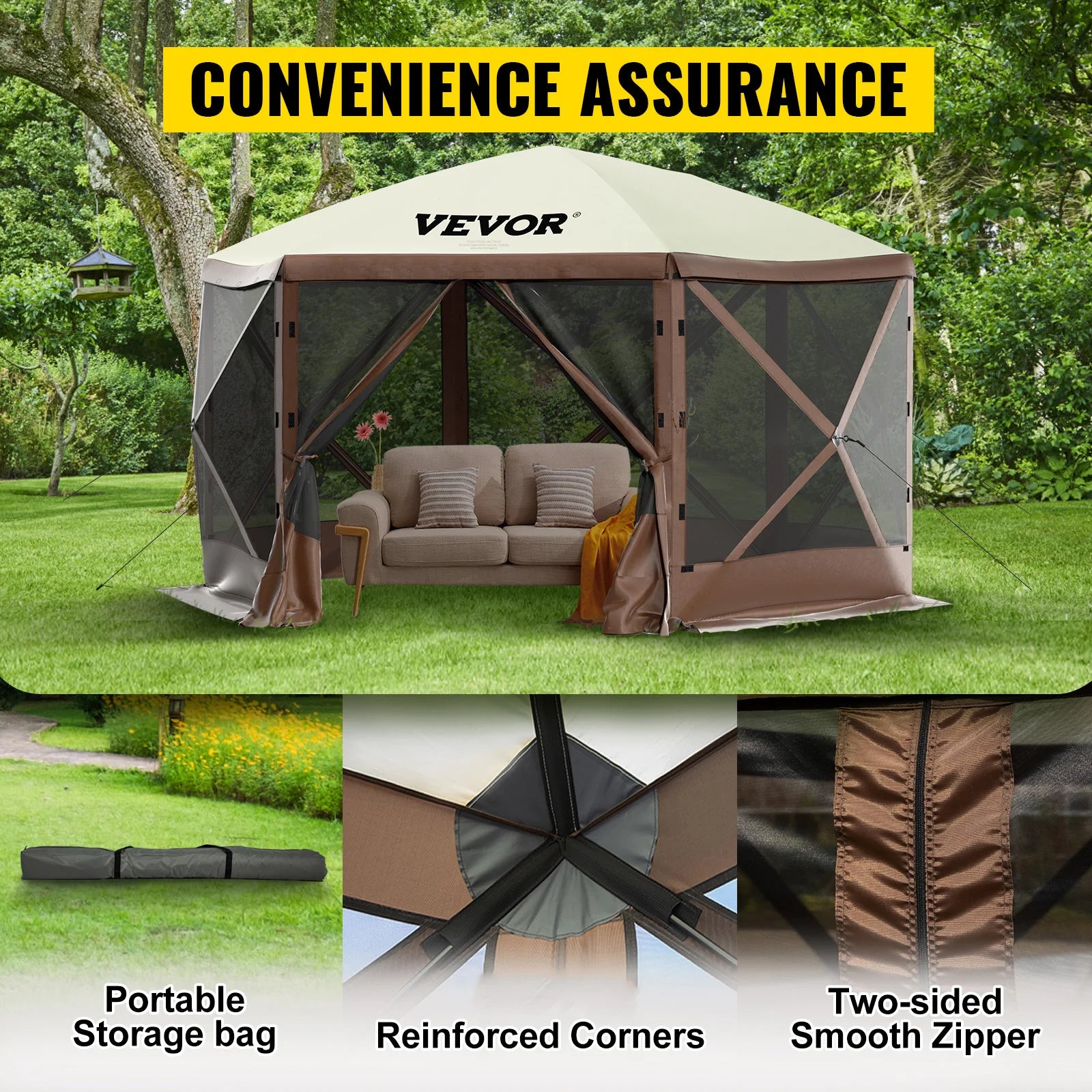 SucceBuy Pop-Up Camping Gazebo | 6-Sided Instant Canopy Shelter 12x12 / 10x10 Sun Shade Tent