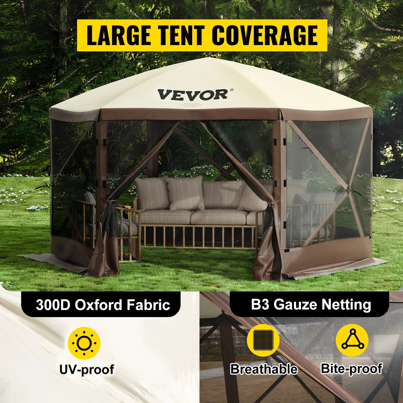 SucceBuy Pop-Up Camping Gazebo | 6-Sided Instant Canopy Shelter 12x12 / 10x10 Sun Shade Tent