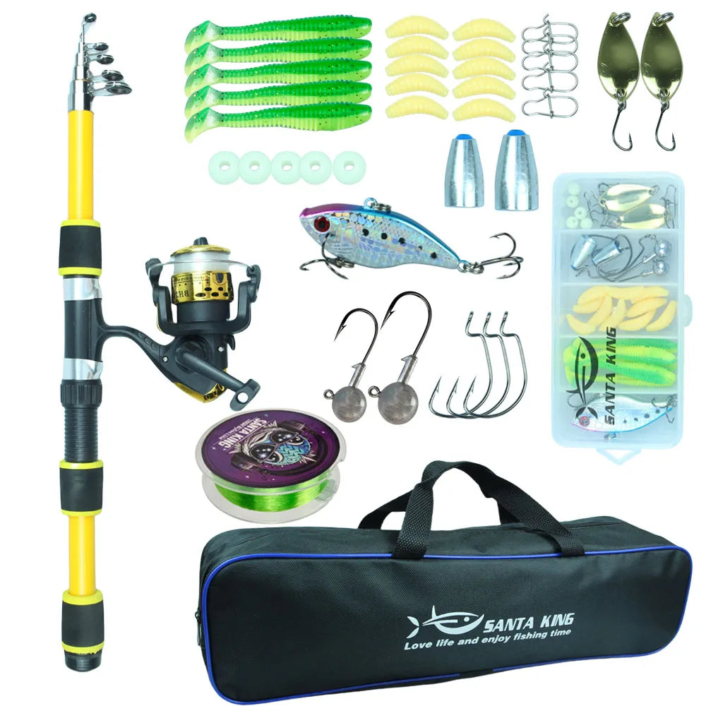 Santa King Fishing Rod Reel Combo Kit | Telescopic Travel Fishing Pole with Spinning Reel, Baits & Hooks